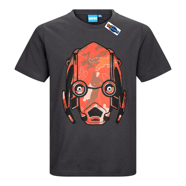 FORTNITE | RED MASK | Grey | Short Sleeved | Unisex Kids | Crew | Gaming Cotton T-Shirt Sizes 10 - 16 Years