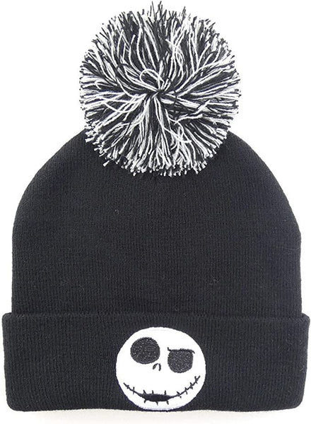 Nightmare Before Christmas Beanie Pom-Jack Face Badge Cap, Black, One Size
