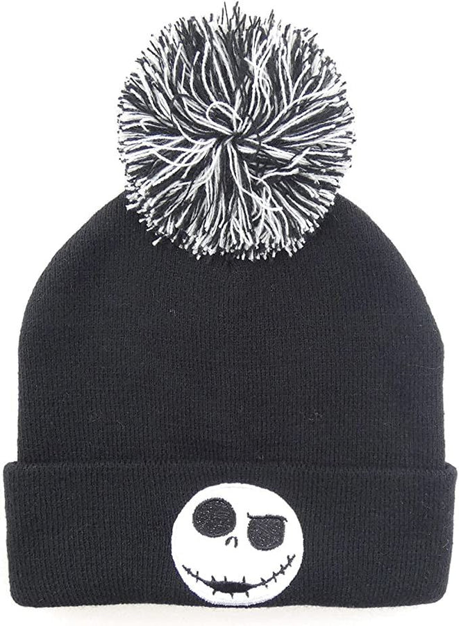 Nightmare Before Christmas Beanie Pom-Jack Face Badge Cap, Black, One Size