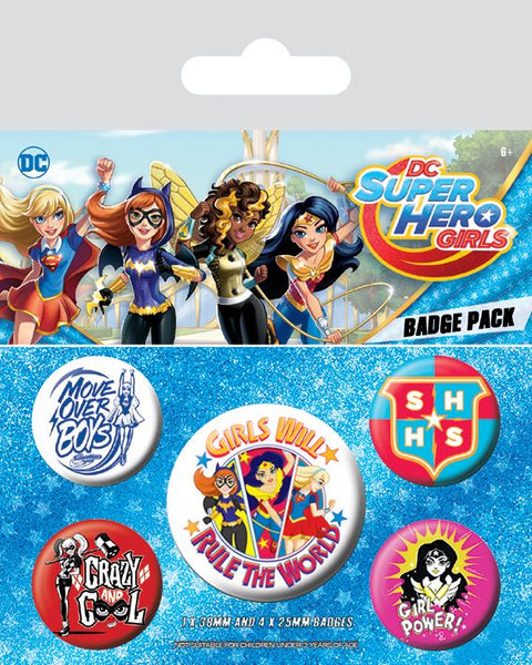 DC SUPER HERO GIRLS (Girls Will Rule The World) Badge Pack of 5 Safety Pin Backed Badges