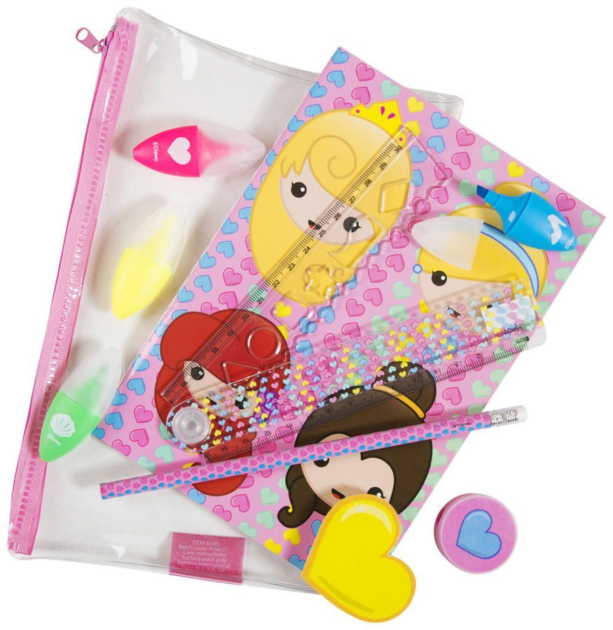 Emoji Princess 10 Item Transparent Filled School Pencil Case Set