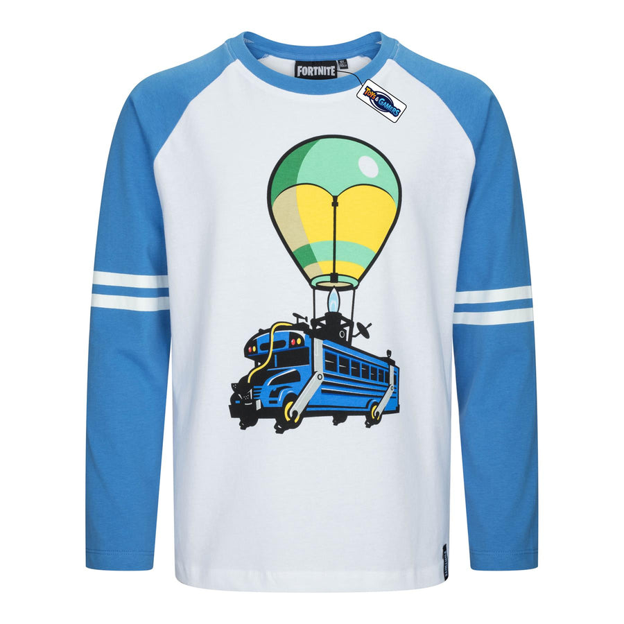FORTNITE | BATTLEBUS | White | Long Sleeved | Unisex Kids | Crew | Gaming Cotton T-Shirt Sizes 10 - 16 Years