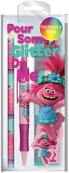 TROLLS World Tour Glitter Stationery Set Pencil Pen Sharpener Eraser Ruler