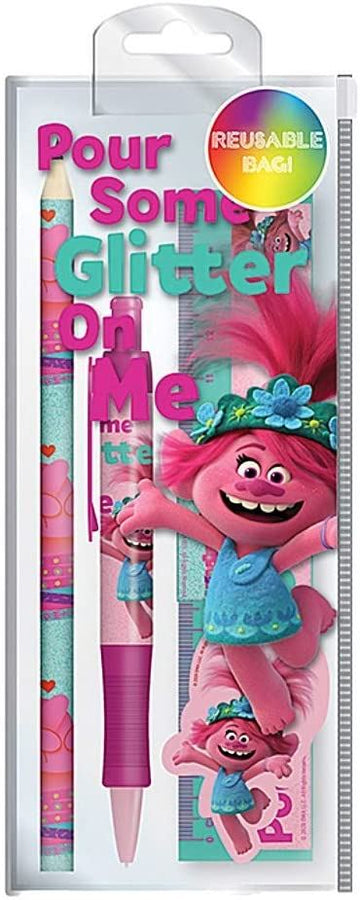 TROLLS World Tour Glitter Stationery Set Pencil Pen Sharpener Eraser Ruler