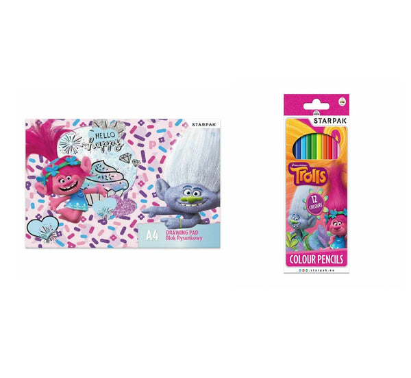 TROLLS Junior  DRAWING PAD 20 Sheets A4 Plain + 12 Colouring Pencils