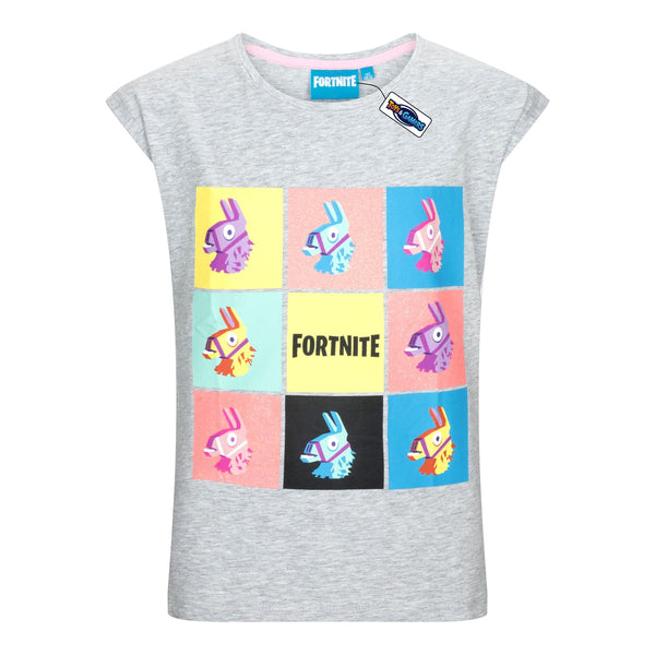 FORTNITE | GLITTER LLAMA | Grey | Short Sleeved | Unisex Kids | Crew | Gaming Cotton T-Shirt Sizes 10 - 16 Years