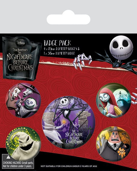 NIGHTMARE BEFORE CHRISTMAS Characters Badge Pack of 5 Safety Pin Backed Badges